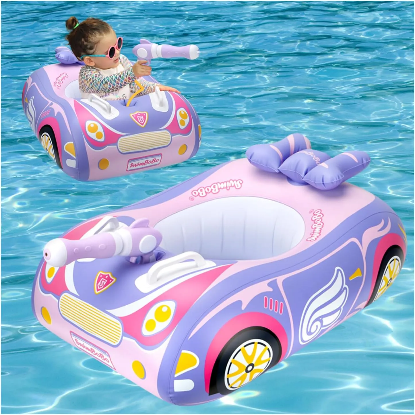 Baby Pool Float with 3D Car Design, PVC Baby Swim Float, Toddler Pool Float, Swimming Floats Seat Boat Pool Toys with Steering Wheel for 12-18, 12-24 Months, Age 2-3, 1-4 Years Girl Boy