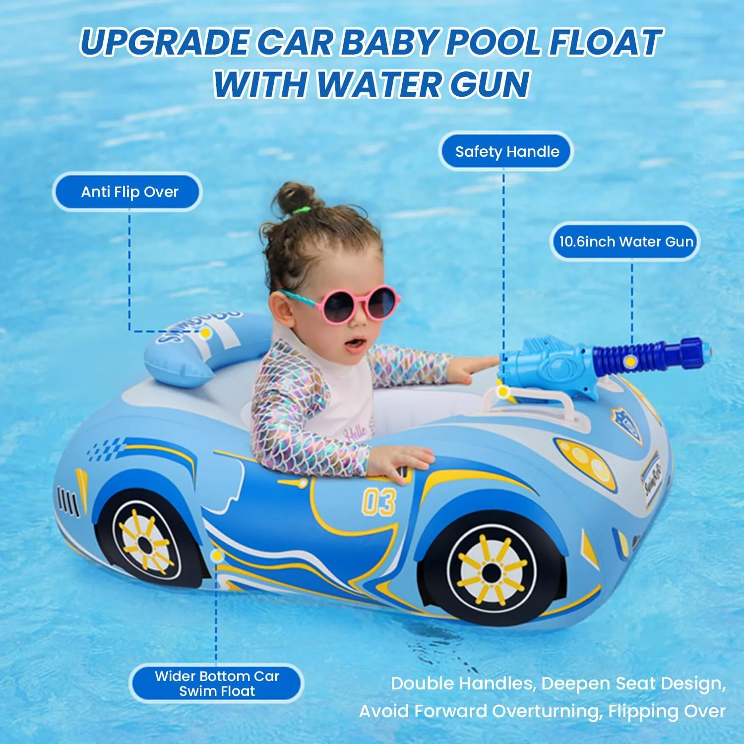 Baby Pool Float with 3D Car Design, PVC Baby Swim Float, Toddler Pool Float, Swimming Floats Seat Boat Pool Toys with Steering Wheel for 12-18, 12-24 Months, Age 2-3, 1-4 Years Girl Boy