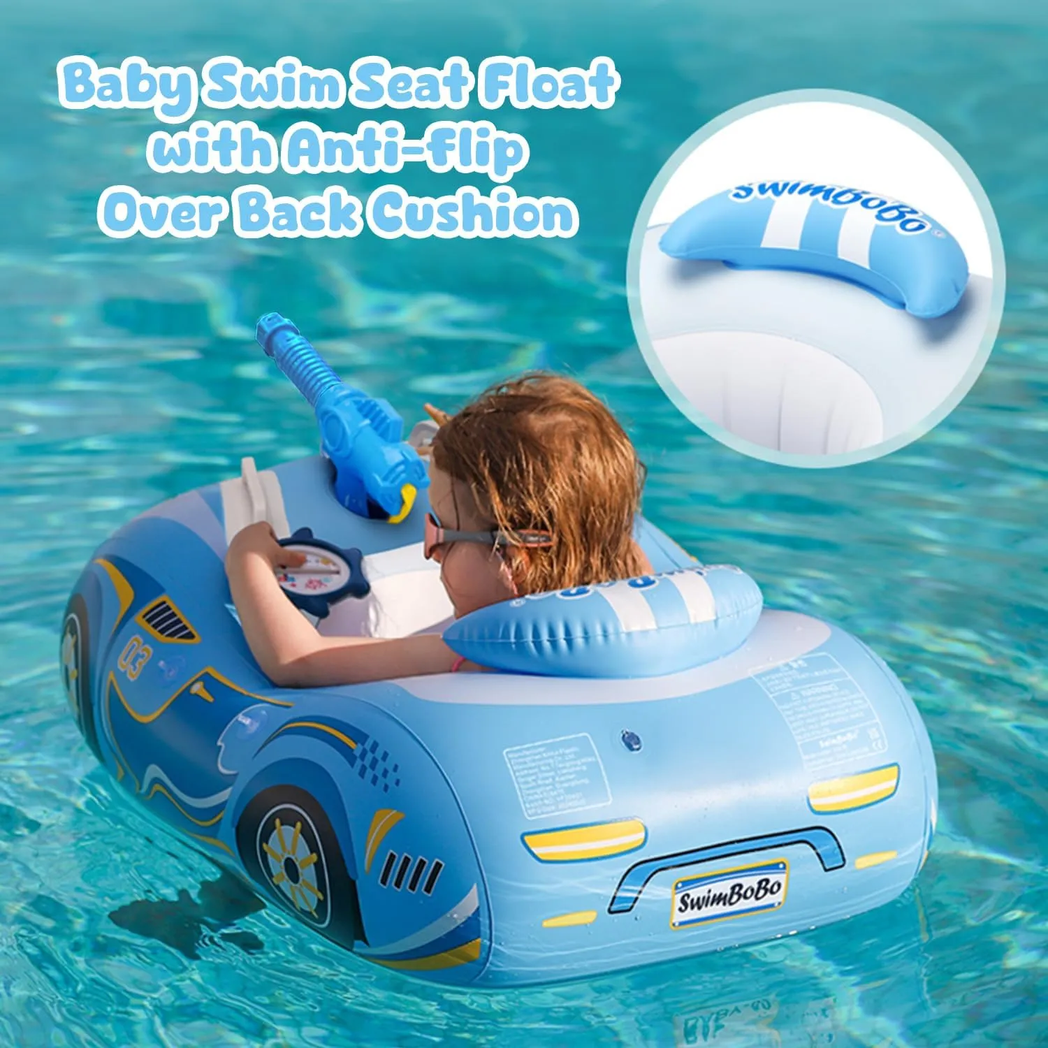 Baby Pool Float with 3D Car Design, PVC Baby Swim Float, Toddler Pool Float, Swimming Floats Seat Boat Pool Toys with Steering Wheel for 12-18, 12-24 Months, Age 2-3, 1-4 Years Girl Boy