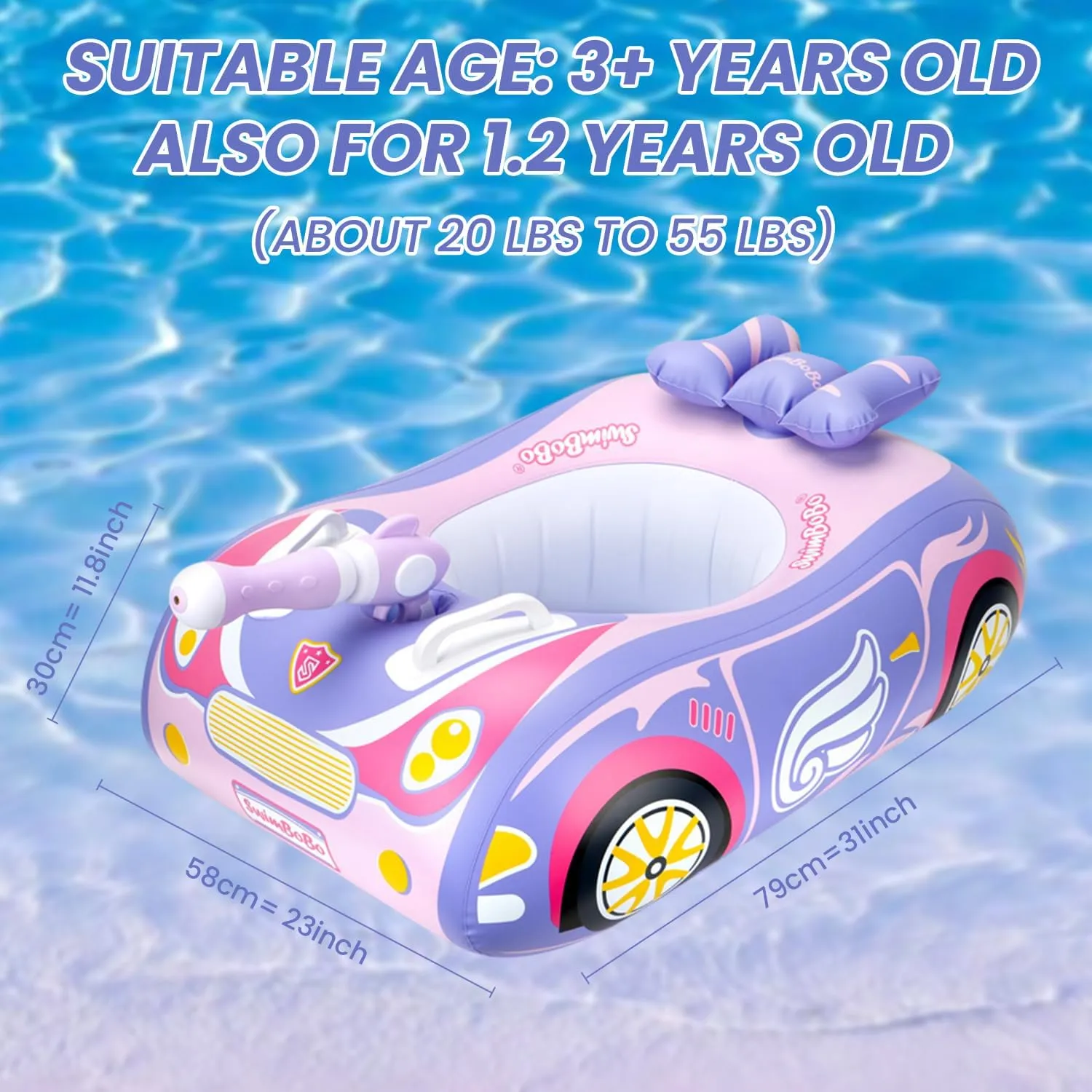 Baby Pool Float with 3D Car Design, PVC Baby Swim Float, Toddler Pool Float, Swimming Floats Seat Boat Pool Toys with Steering Wheel for 12-18, 12-24 Months, Age 2-3, 1-4 Years Girl Boy