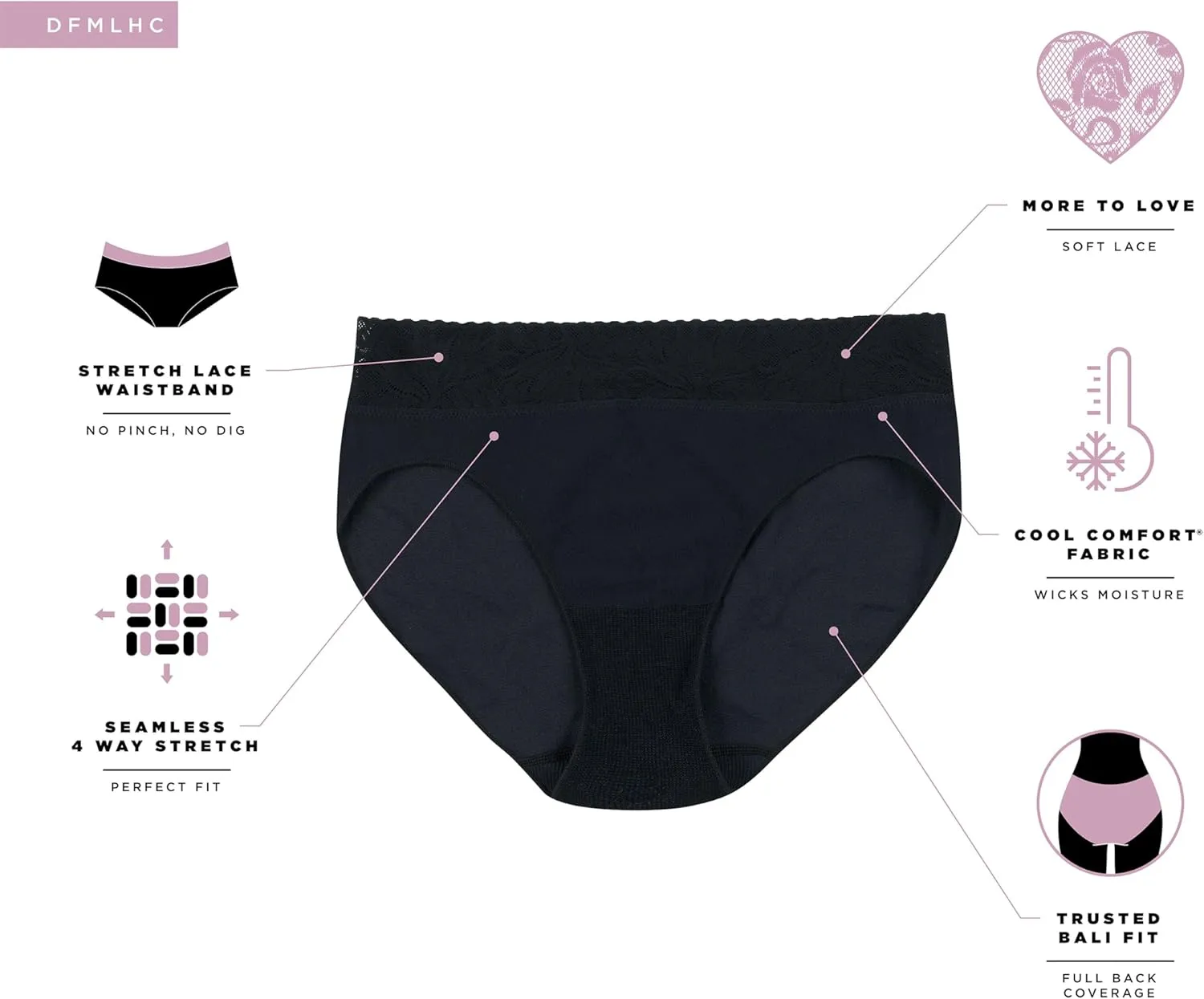 Bali Women's Hi Underwear 3-Pack, Modern Seamless Lace Trim High Cut Panties