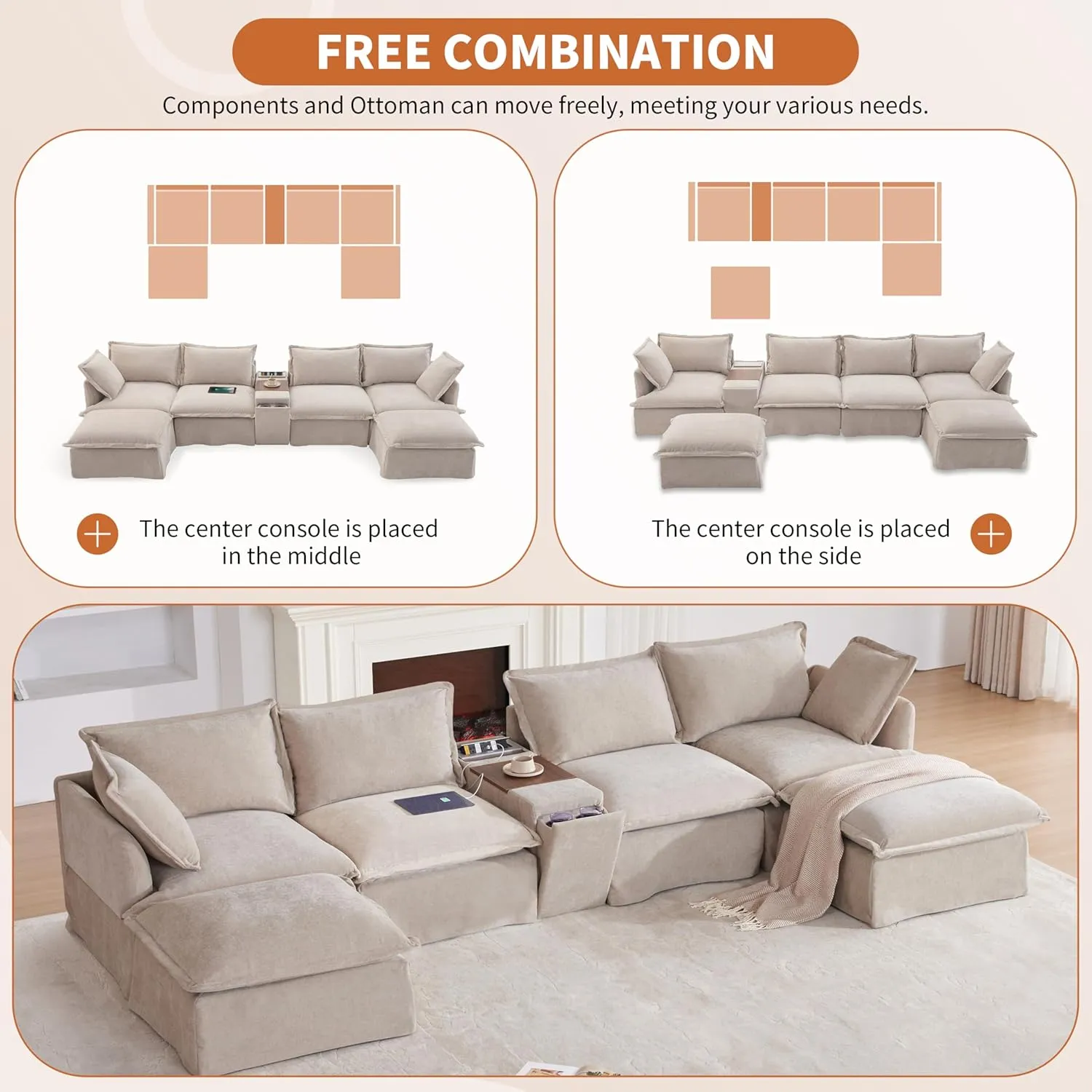 Ball & Cast Oversized Modular Sectional Sofa with Built-in Charging Station,Chenille Upholstered Sofa W/Wide Seat,Movable Storage Ottoman&Cup Holder,Large Cloud Couches,for Living Room,Apartment,131"