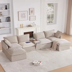 Ball & Cast Oversized Modular Sectional Sofa with Built-in Charging Station,Chenille Upholstered Sofa W/Wide Seat,Movable Storage Ottoman&Cup Holder,Large Cloud Couches,for Living Room,Apartment,131"