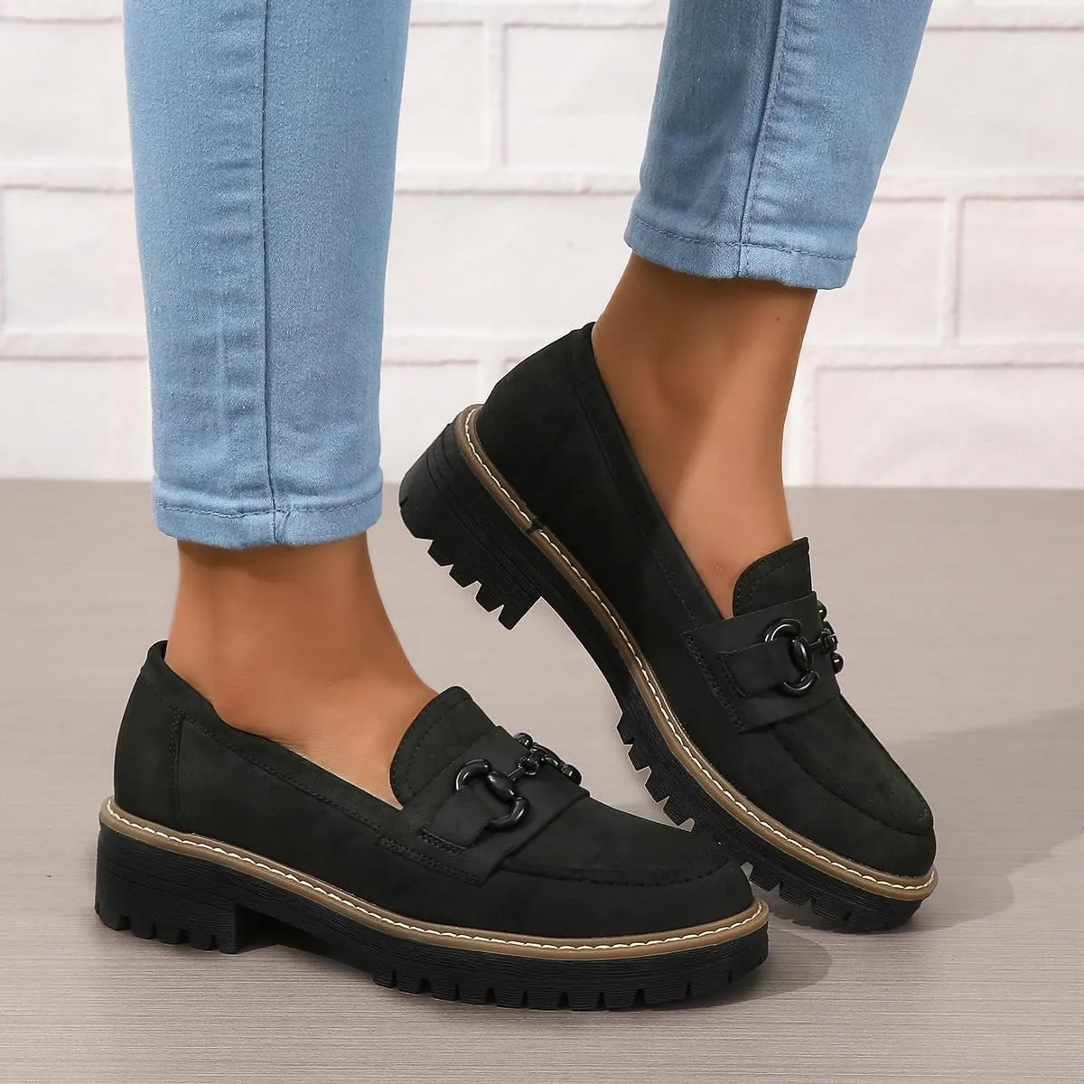 Bandkos Womens Penny Platform Loafers-Fashion Suede Platform Chunky Slip On Dress Shoes Business Lug Sole Loafers US Size 5-12