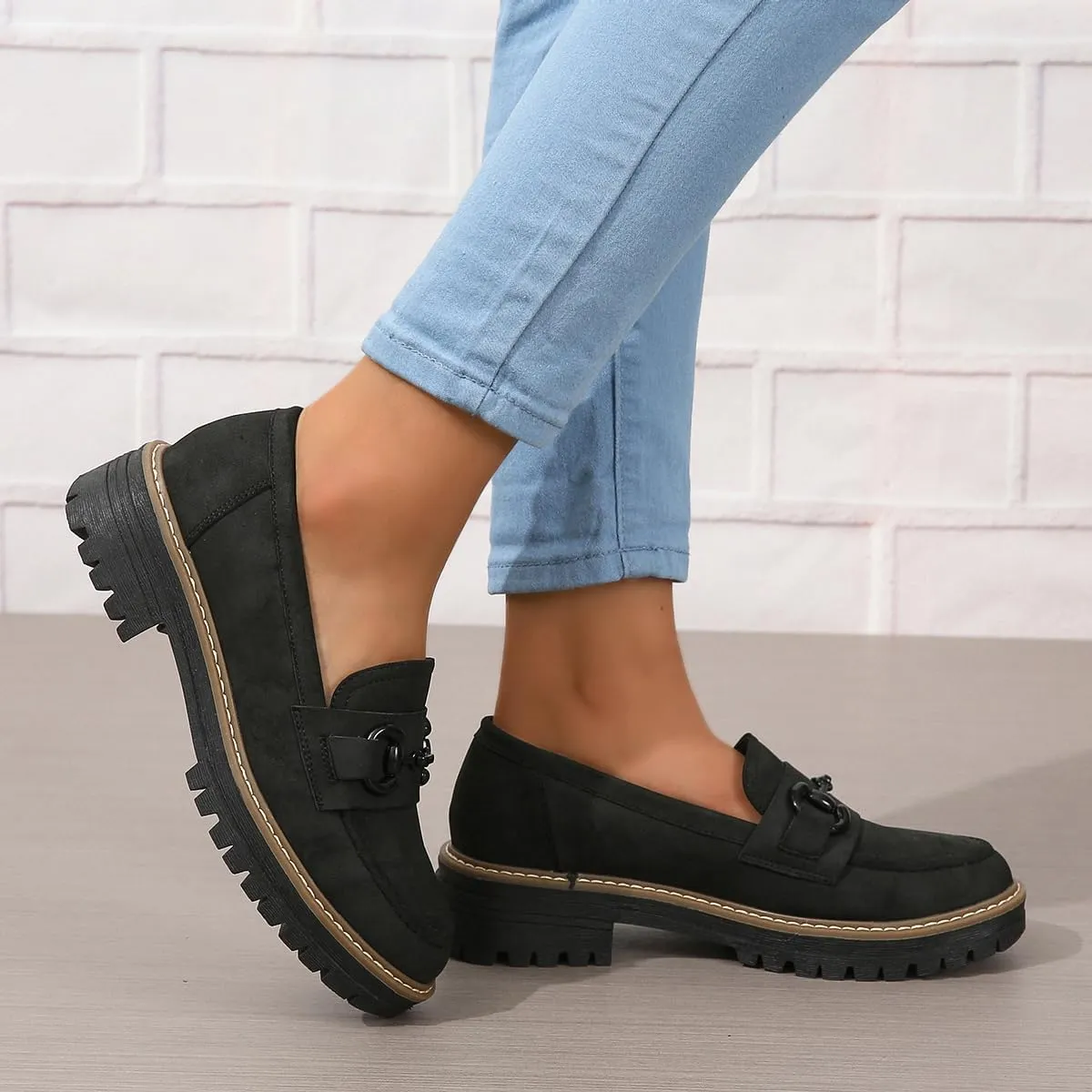 Bandkos Womens Penny Platform Loafers-Fashion Suede Platform Chunky Slip On Dress Shoes Business Lug Sole Loafers US Size 5-12
