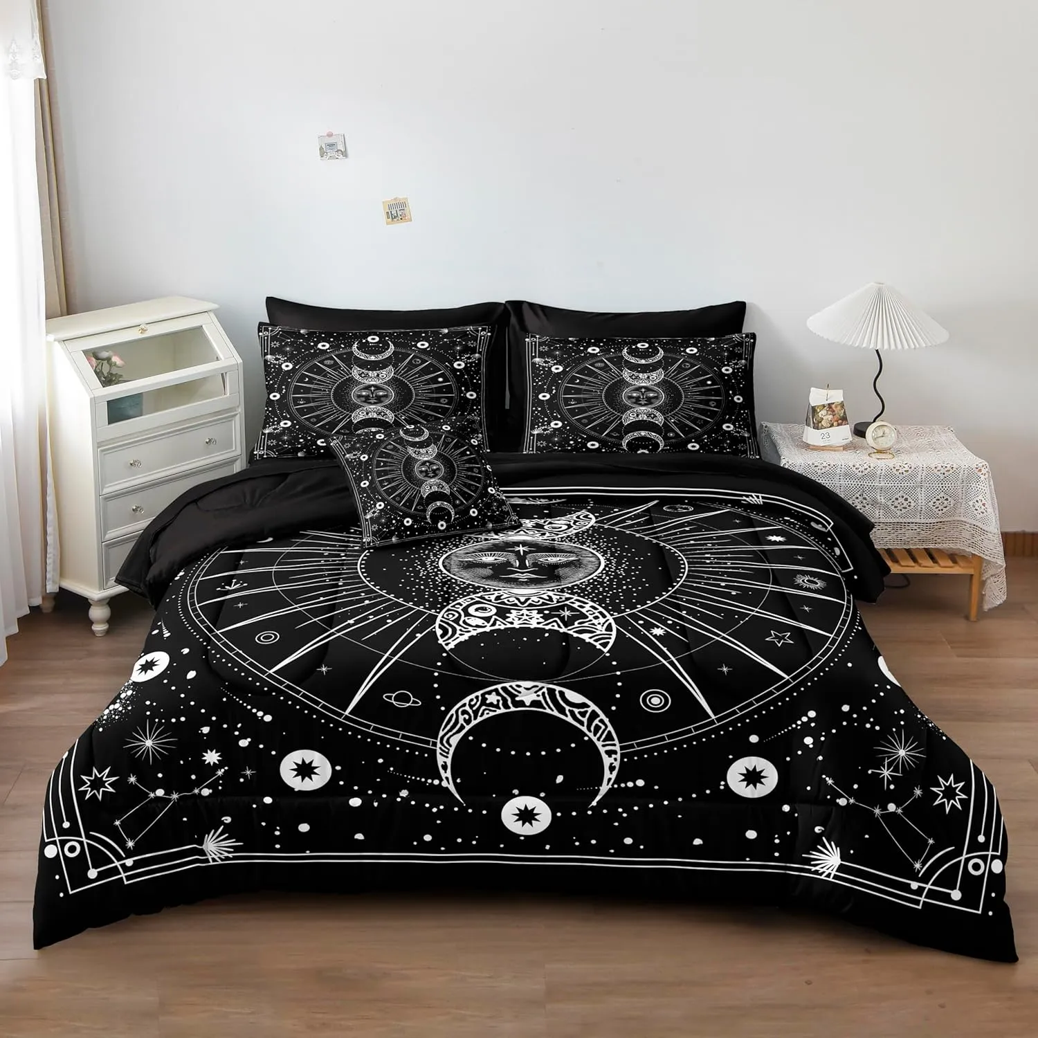 Bedbay Sun and Moon Comforter Set Queen Size Boho Hippie Bedding,Trippy Cosmos Celestial Decor Soft Cozy Galaxy Bed Set 8 Pcs Queen Bed in a Bag Black and White Galaxy Comforter Set(White,Queen)