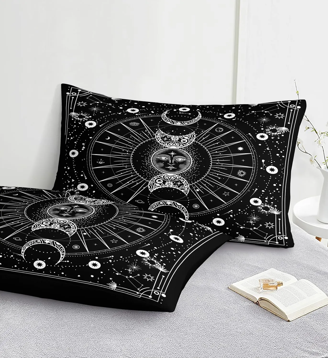 Bedbay Sun and Moon Comforter Set Queen Size Boho Hippie Bedding,Trippy Cosmos Celestial Decor Soft Cozy Galaxy Bed Set 8 Pcs Queen Bed in a Bag Black and White Galaxy Comforter Set(White,Queen)