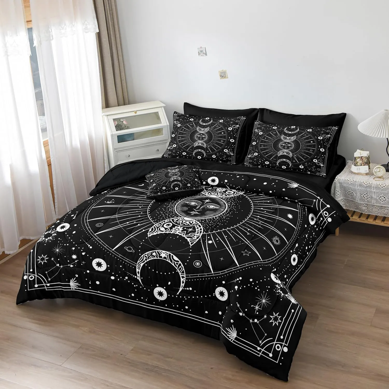 Bedbay Sun and Moon Comforter Set Queen Size Boho Hippie Bedding,Trippy Cosmos Celestial Decor Soft Cozy Galaxy Bed Set 8 Pcs Queen Bed in a Bag Black and White Galaxy Comforter Set(White,Queen)