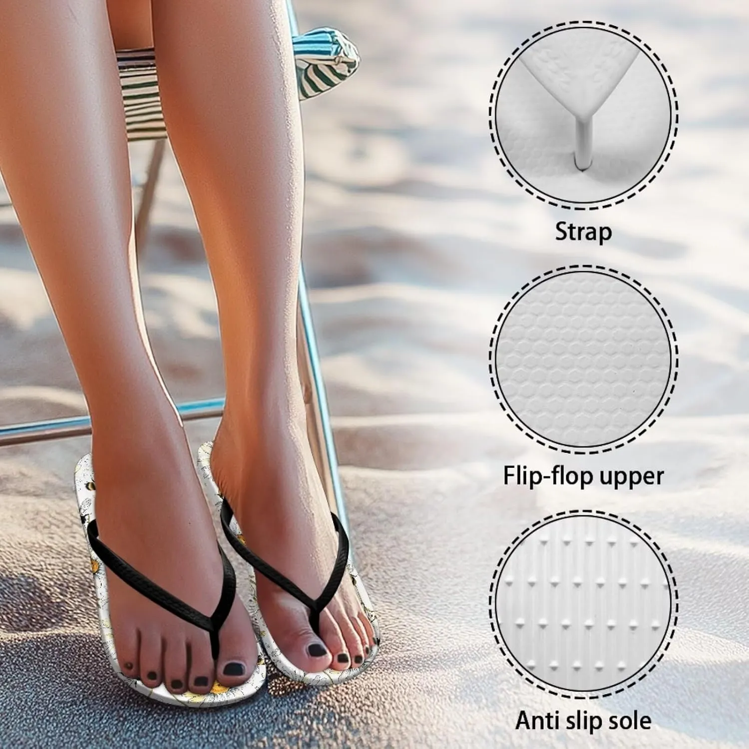 Bee Dragonfly Print Walking Flip Flops Shower Shoes for Women Beach Flat Sandals Thong Slippers