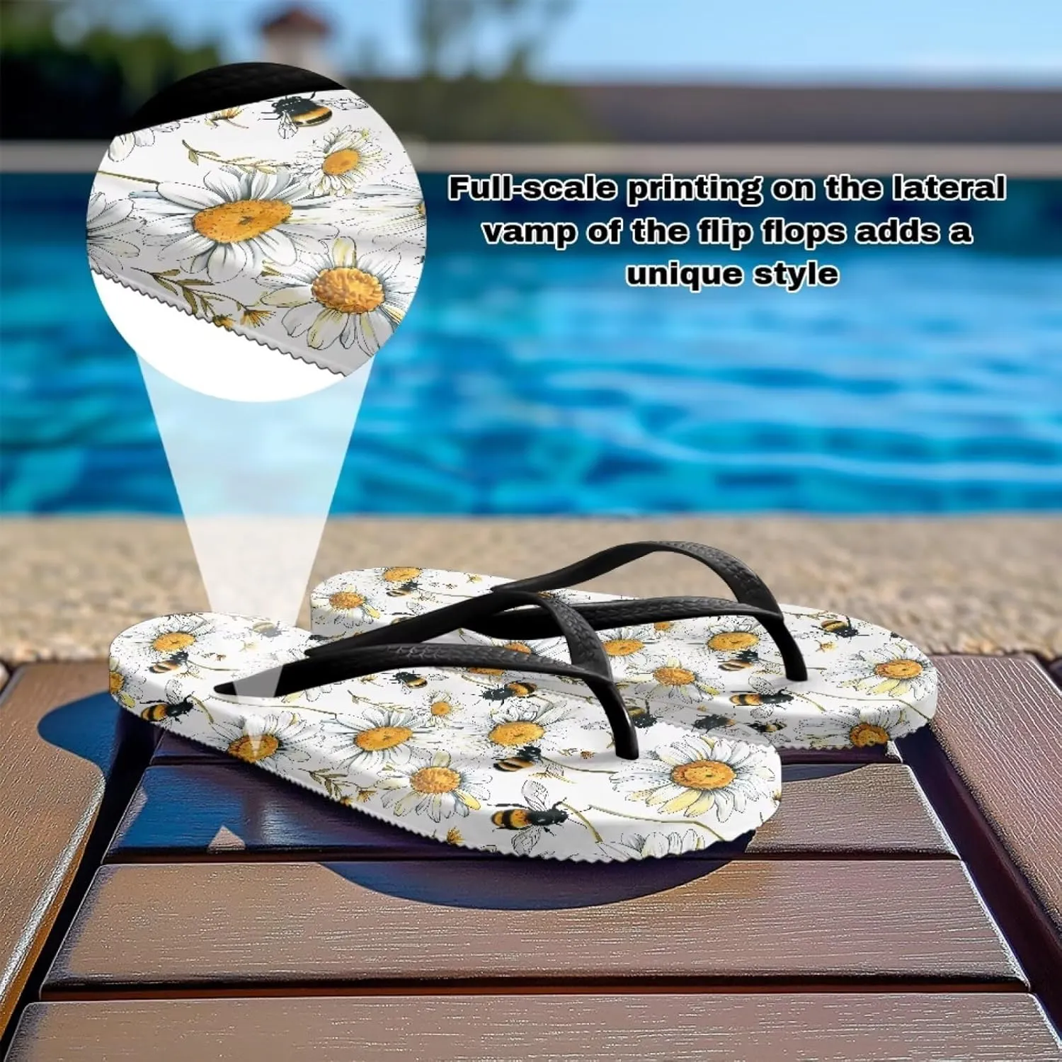 Bee Dragonfly Print Walking Flip Flops Shower Shoes for Women Beach Flat Sandals Thong Slippers