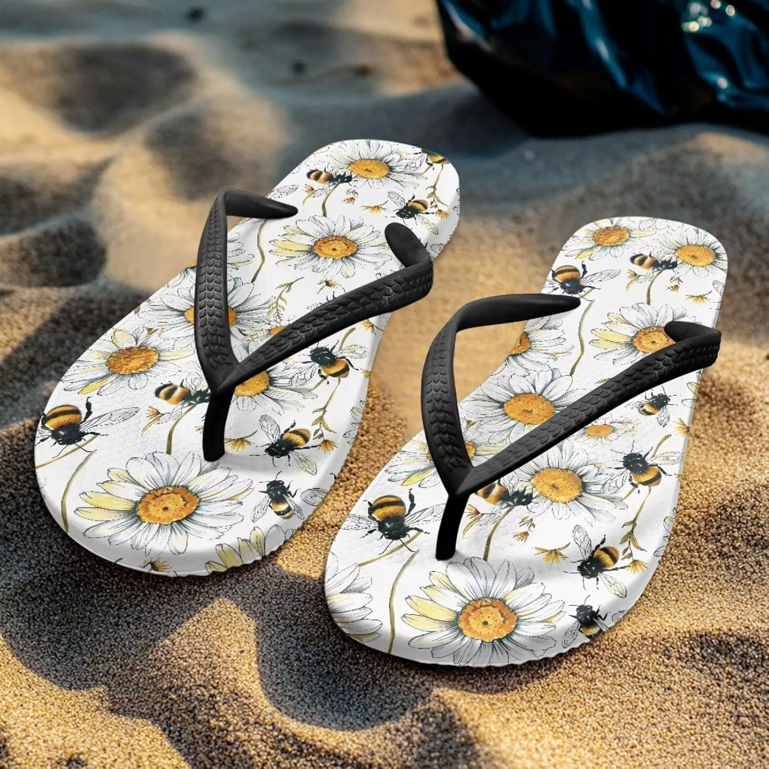 Bee Dragonfly Print Walking Flip Flops Shower Shoes for Women Beach Flat Sandals Thong Slippers