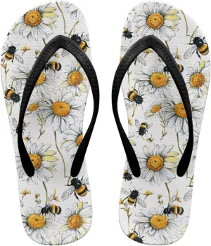 Bee Dragonfly Print Walking Flip Flops Shower Shoes for Women Beach Flat Sandals Thong Slippers