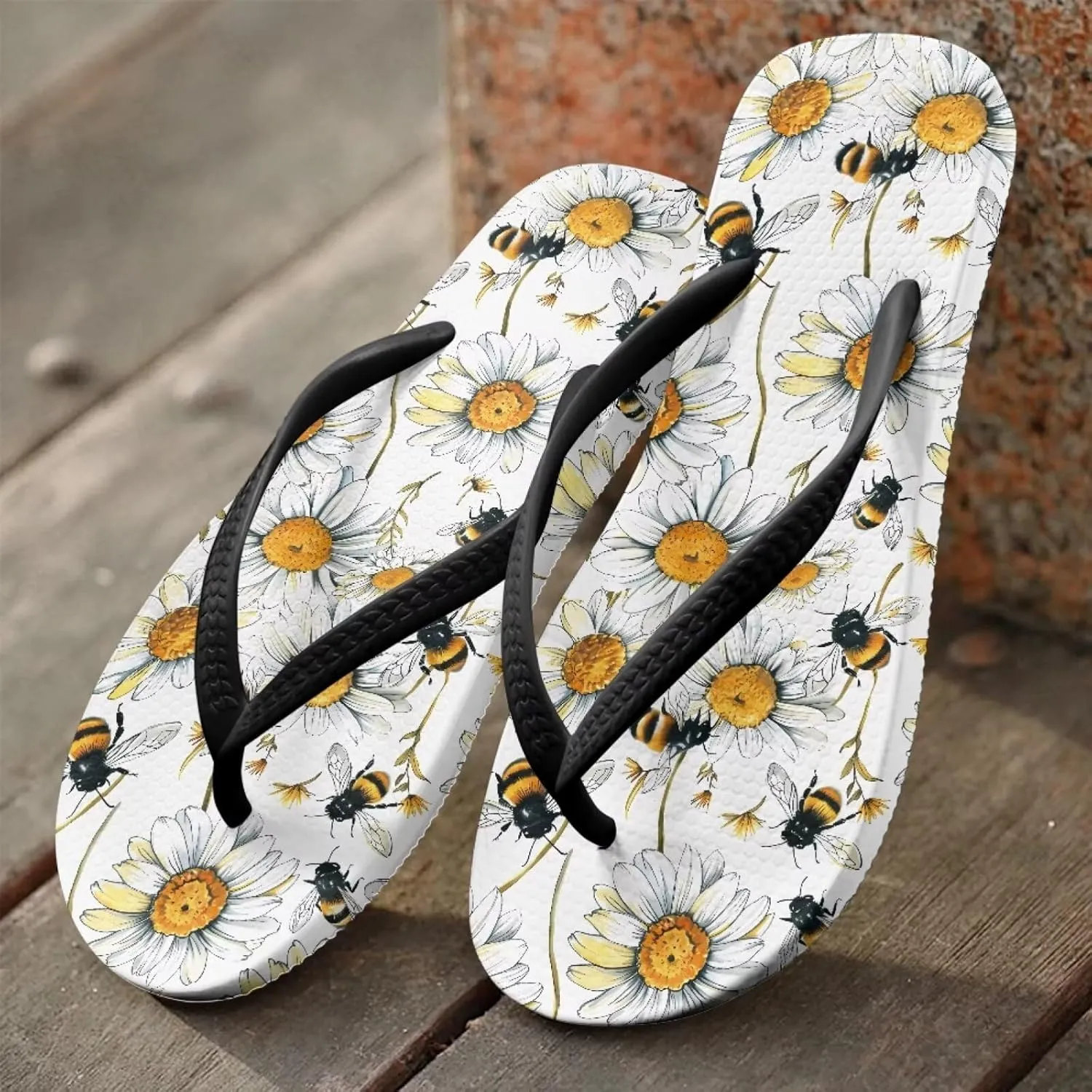 Bee Dragonfly Print Walking Flip Flops Shower Shoes for Women Beach Flat Sandals Thong Slippers