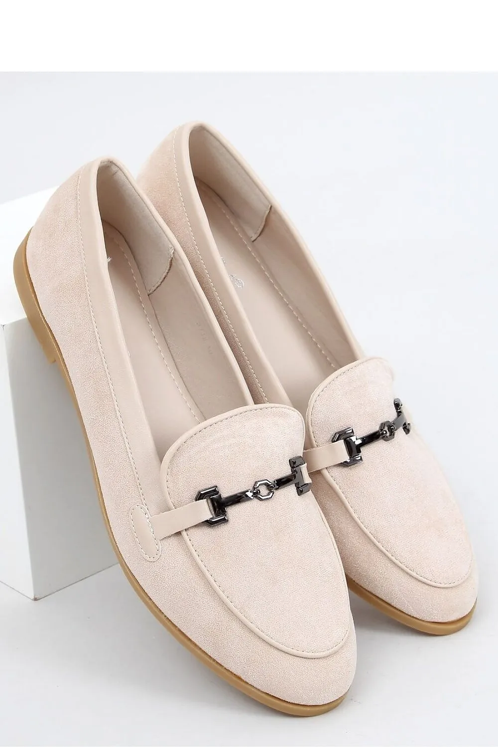 Beige Eco-Suede Womens Loafers – Almond Toe with Chain Detail