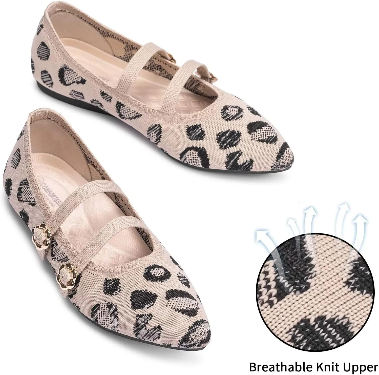 BEJINASH Women's Mary Jane Flat Dressy Knitted Shoes with Double Adjustable Strap Ballets Comfortable for Work Pointed Toe Flats Shoes for Women