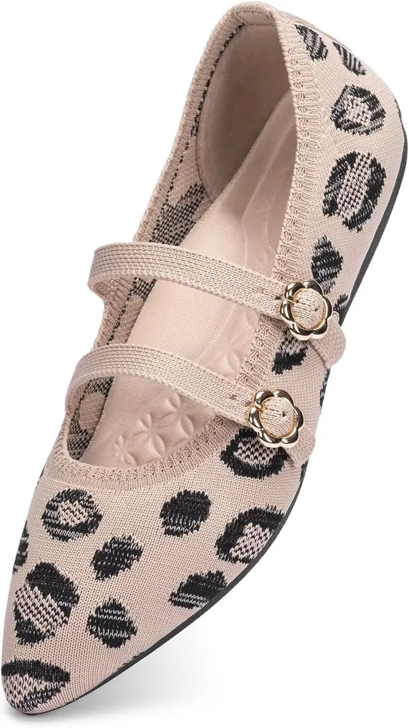 BEJINASH Women's Mary Jane Flat Dressy Knitted Shoes with Double Adjustable Strap Ballets Comfortable for Work Pointed Toe Flats Shoes for Women