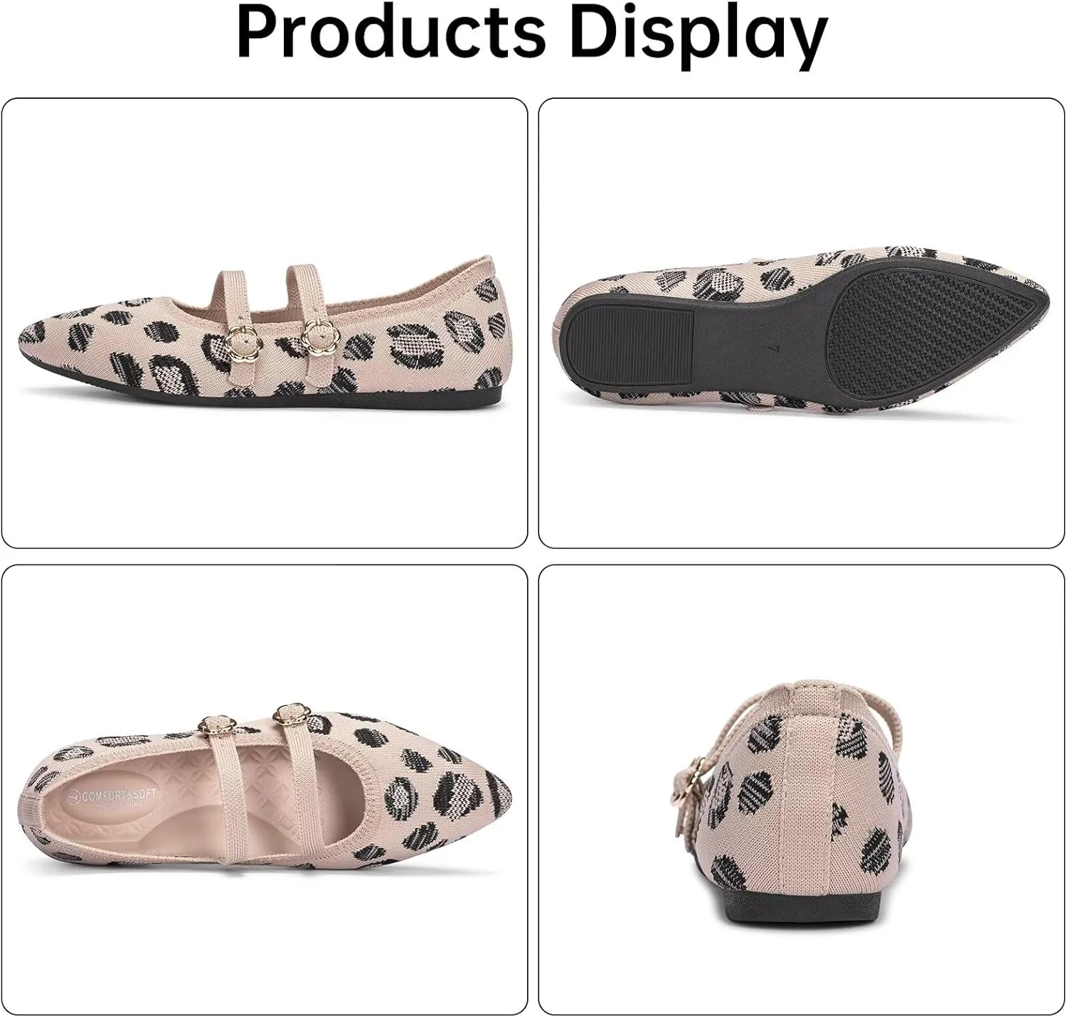 BEJINASH Women's Mary Jane Flat Dressy Knitted Shoes with Double Adjustable Strap Ballets Comfortable for Work Pointed Toe Flats Shoes for Women