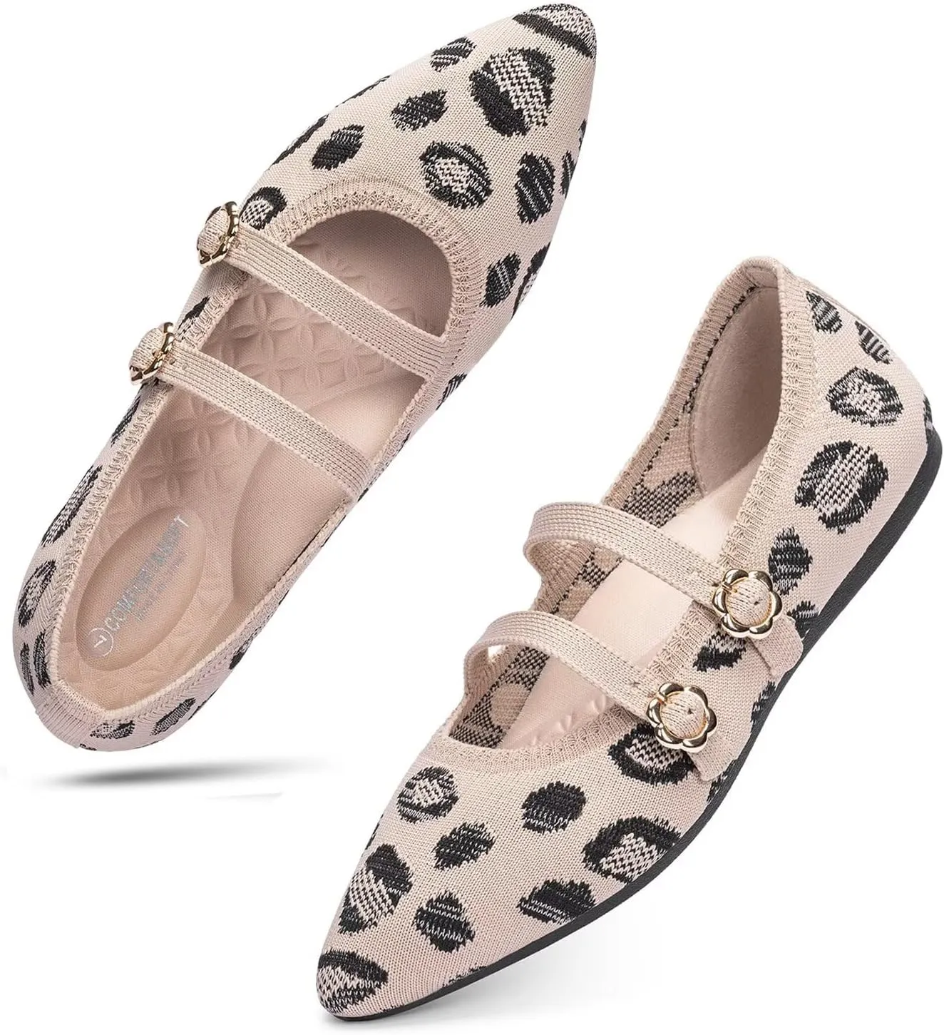 BEJINASH Women's Mary Jane Flat Dressy Knitted Shoes with Double Adjustable Strap Ballets Comfortable for Work Pointed Toe Flats Shoes for Women