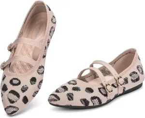 BEJINASH Women's Mary Jane Flat Dressy Knitted Shoes with Double Adjustable Strap Ballets Comfortable for Work Pointed Toe Flats Shoes for Women