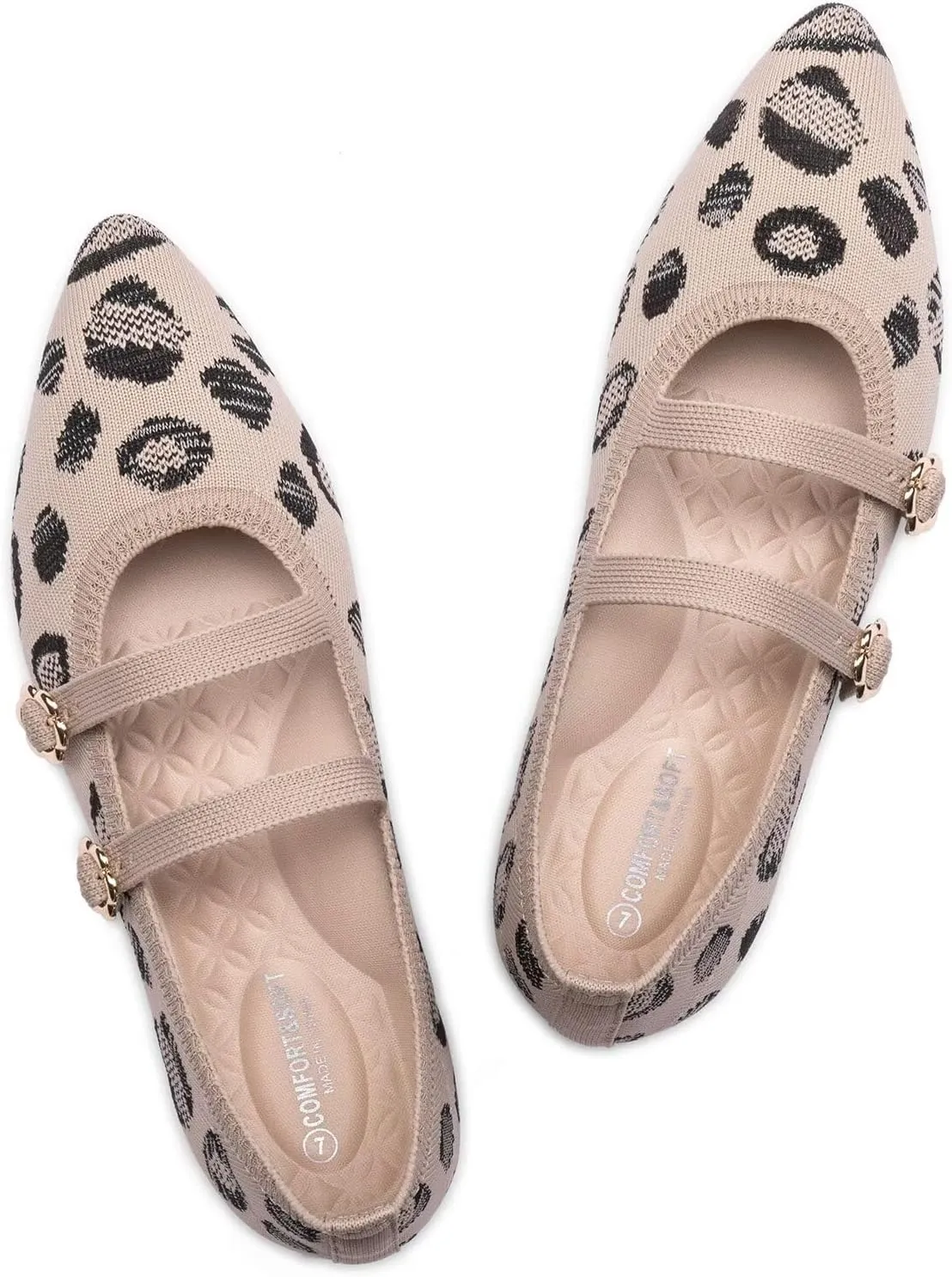 BEJINASH Women's Mary Jane Flat Dressy Knitted Shoes with Double Adjustable Strap Ballets Comfortable for Work Pointed Toe Flats Shoes for Women