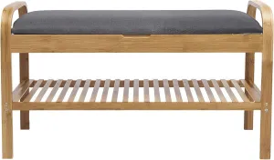 Benzara Mindy Shoe Storage Bench, Polyester Seat, Walnut Bamboo, 36 Inch, Natural Brown and Gray