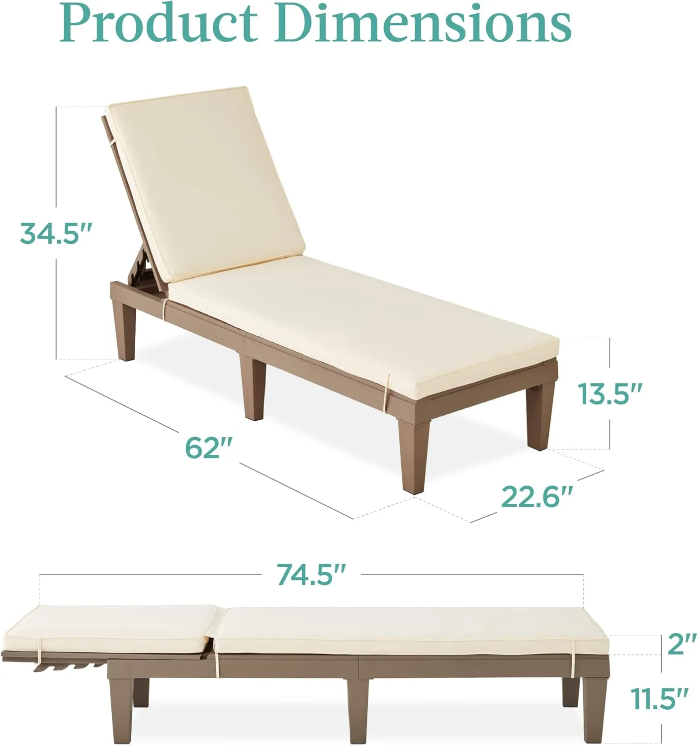 Best Choice Products Outdoor Lounge Chair, Resin Patio Chaise Lounger for Poolside, Backyard, Porch w/Seat Cushion, Adjustable Backrest, 5 Positions, 330lb Capacity - Brown/Ivory
