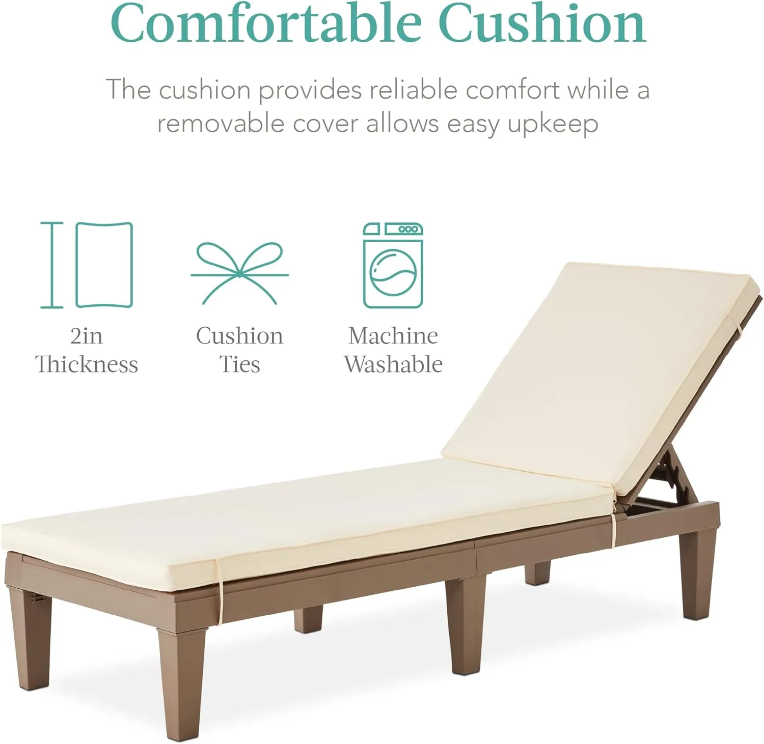 Best Choice Products Outdoor Lounge Chair, Resin Patio Chaise Lounger for Poolside, Backyard, Porch w/Seat Cushion, Adjustable Backrest, 5 Positions, 330lb Capacity - Brown/Ivory