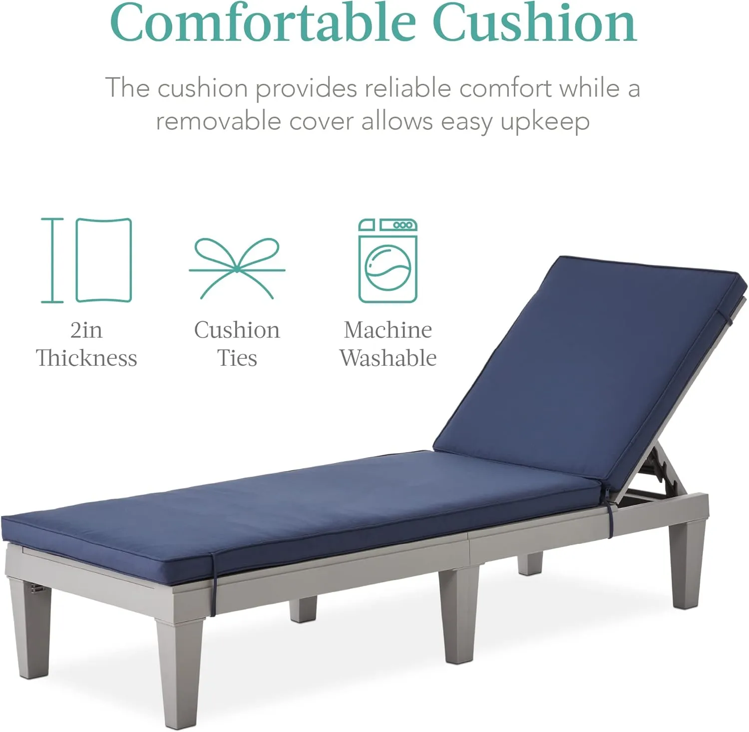 Best Choice Products Outdoor Lounge Chair, Resin Patio Chaise Lounger for Poolside, Backyard, Porch w/Seat Cushion, Adjustable Backrest, 5 Positions, 330lb Capacity - Gray/Navy