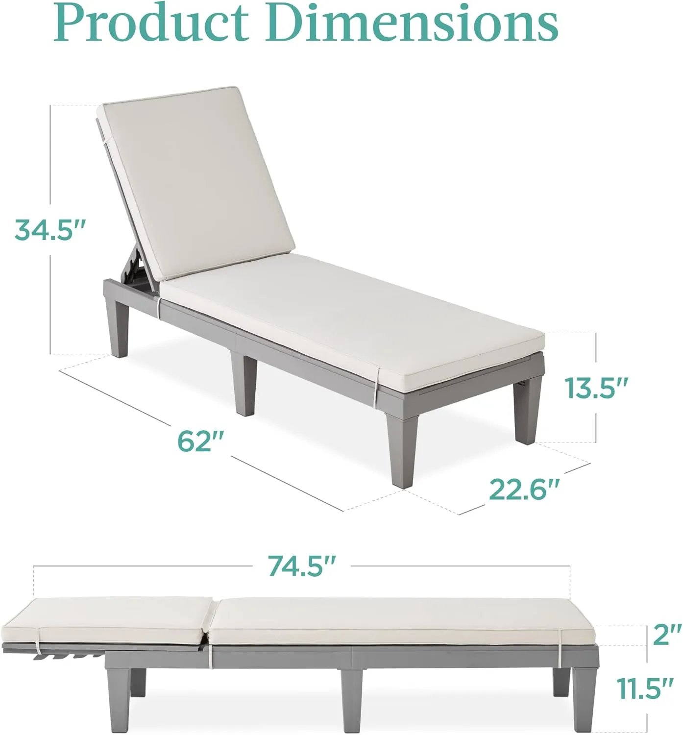 Best Choice Products Outdoor Lounge Chair, Resin Patio Chaise Lounger for Poolside, Backyard, Porch w/Seat Cushion, Adjustable Backrest, 5 Positions, 330lb Capacity - Gray/White Sand