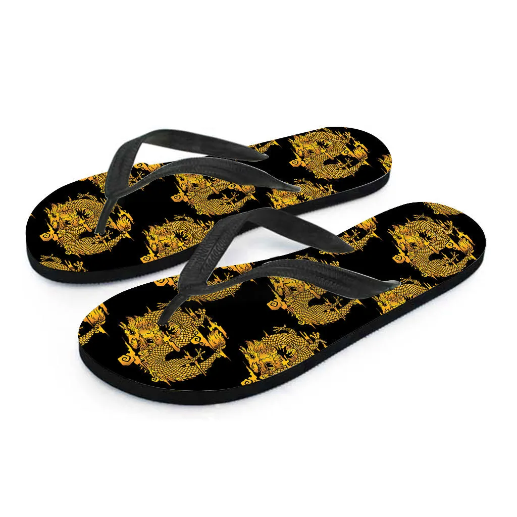 Black and Gold Dragon Pattern Hawaiian Flip Flops: Embrace Island Style