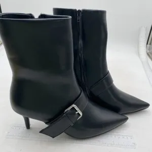 Black Mid Heel Pointed Toe Comfortable Metallic Buckle Side Zipper Ankle Boots