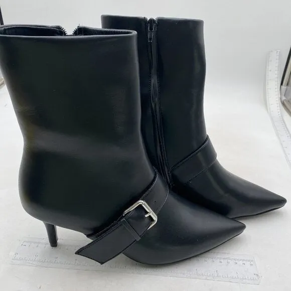 Black Mid Heel Pointed Toe Comfortable Metallic Buckle Side Zipper Ankle Boots
