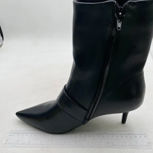 Black Mid Heel Pointed Toe Comfortable Metallic Buckle Side Zipper Ankle Boots
