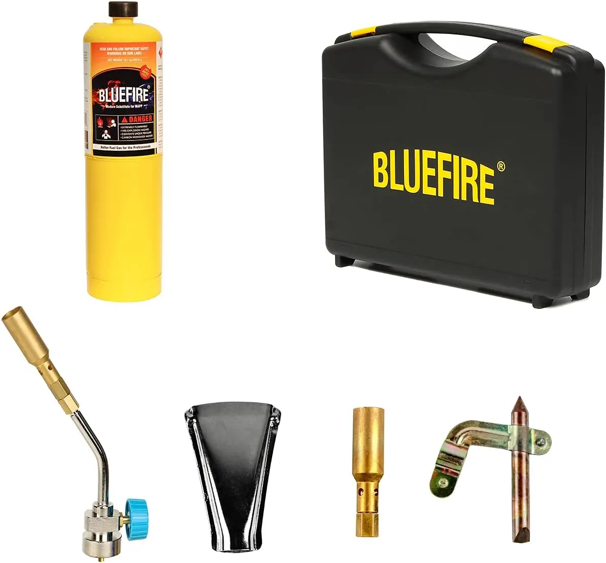 BLUEFIRE Solid Brass Pencil Flame Gas Welding Torch Head Nozzle Professional Upgrade Kit with MAPP All-Purpose Bundle with hard box interchangeable heads Fuel by MAP Pro Propane CGA 600 Cylinder