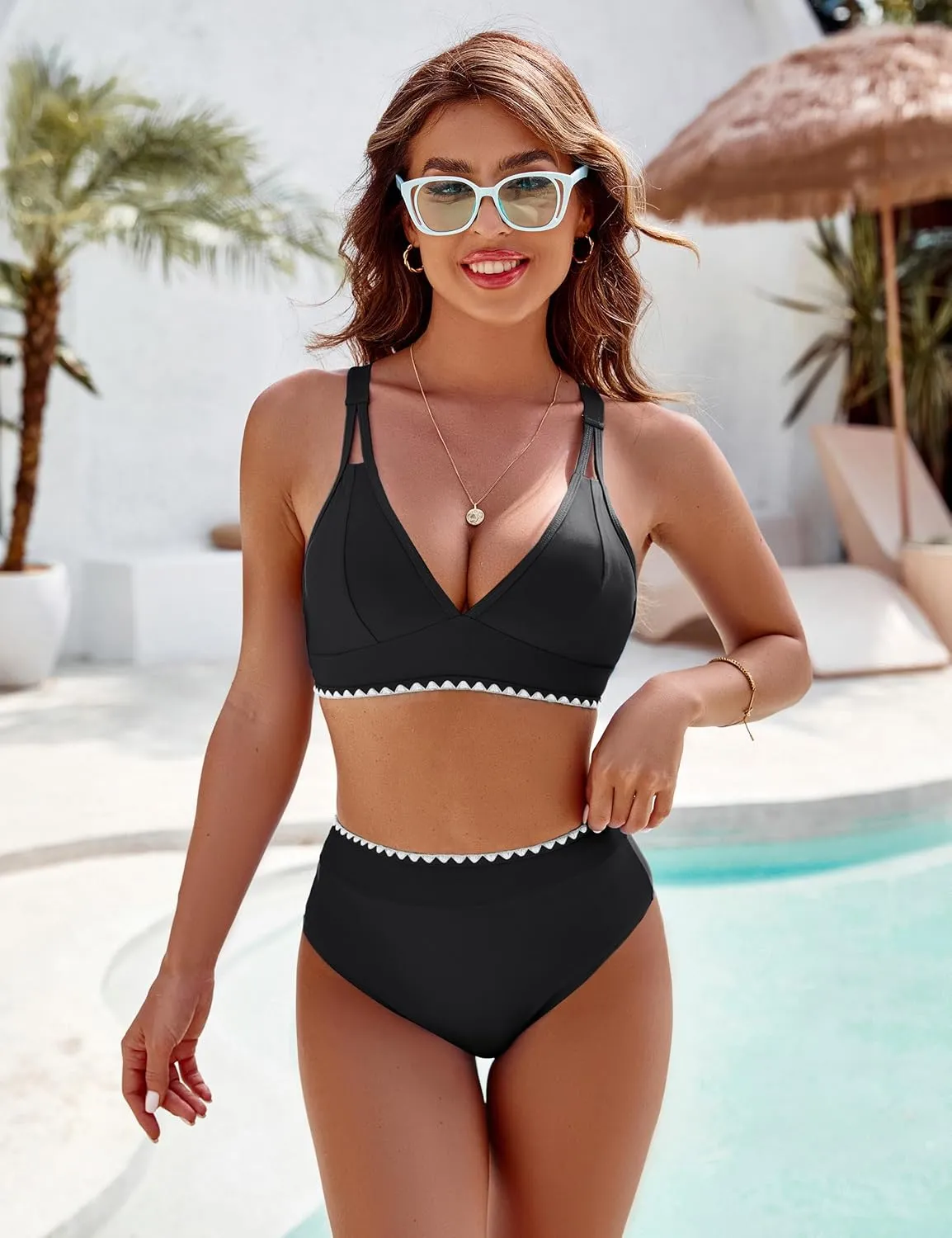 BMJL Women's Bikini Sets V Neck High Waisted Swimsuits Shell Stitched Cheeky Two Piece Bathing Suit