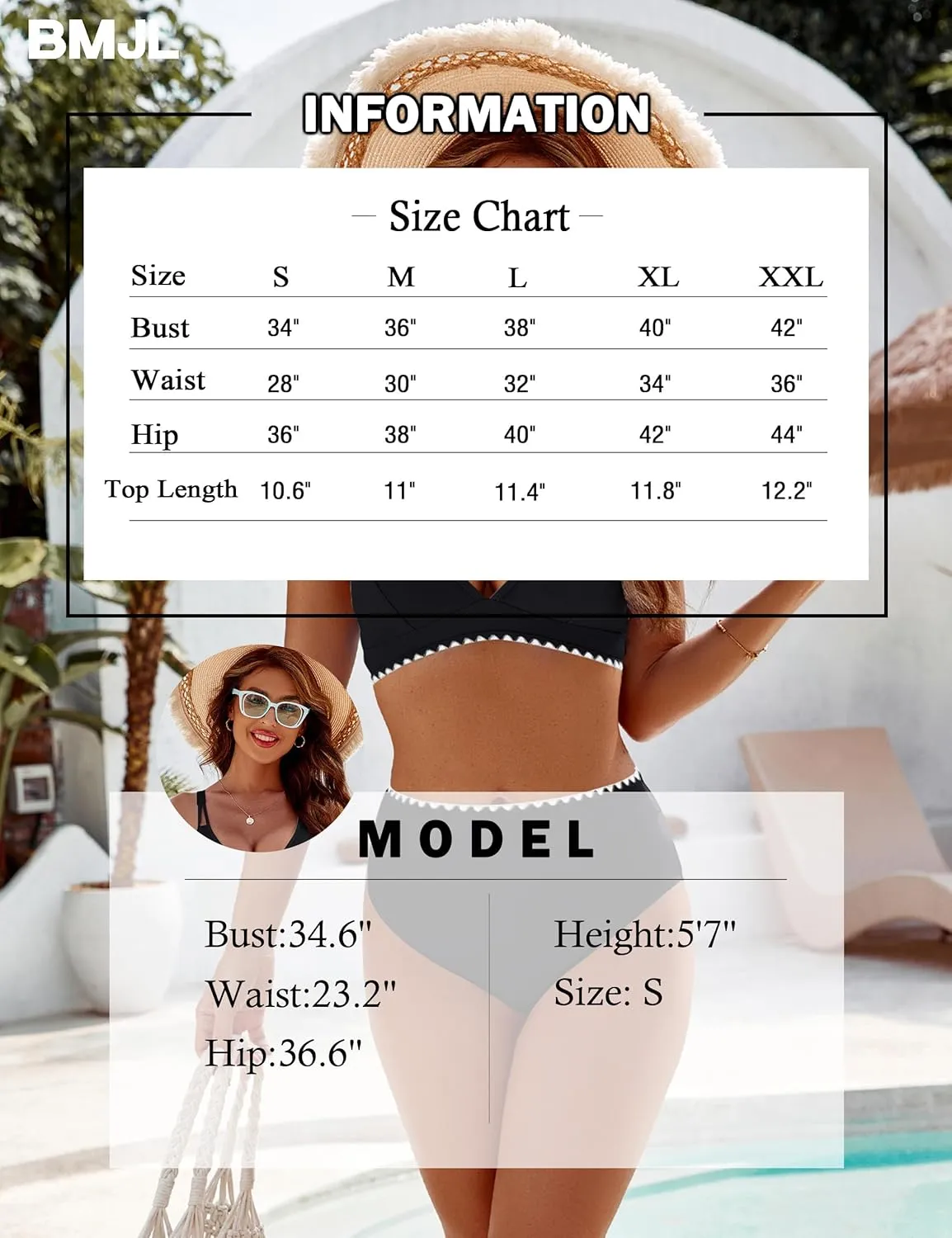 BMJL Women's Bikini Sets V Neck High Waisted Swimsuits Shell Stitched Cheeky Two Piece Bathing Suit