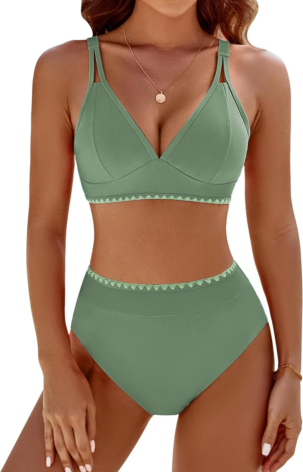 BMJL Women's Bikini Sets V Neck High Waisted Swimsuits Shell Stitched Cheeky Two Piece Bathing Suit
