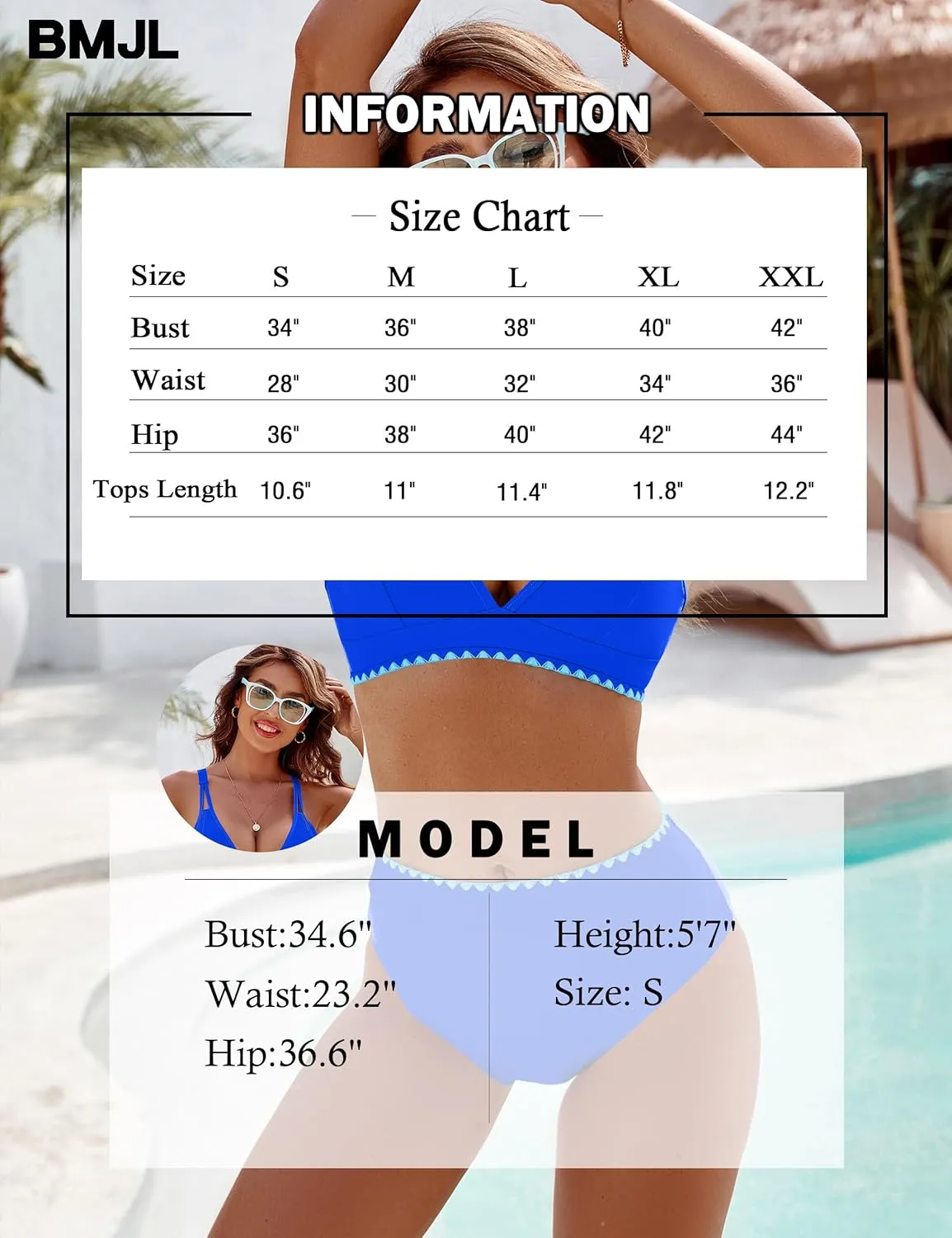 BMJL Women's Bikini Sets V Neck High Waisted Swimsuits Shell Stitched Cheeky Two Piece Bathing Suit