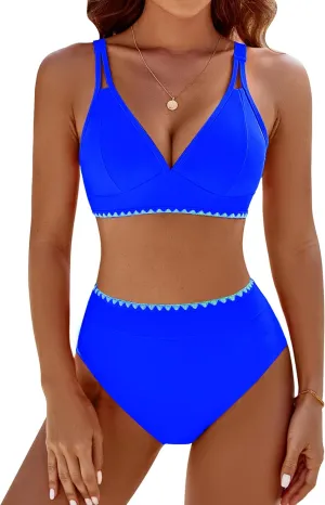 BMJL Women's Bikini Sets V Neck High Waisted Swimsuits Shell Stitched Cheeky Two Piece Bathing Suit
