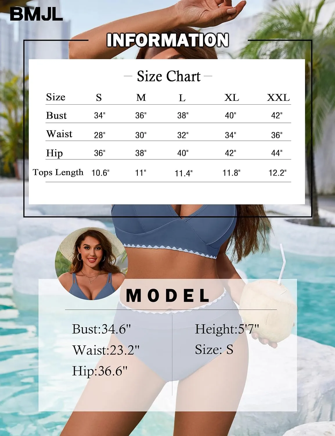 BMJL Women's Bikini Sets V Neck High Waisted Swimsuits Shell Stitched Cheeky Two Piece Bathing Suit