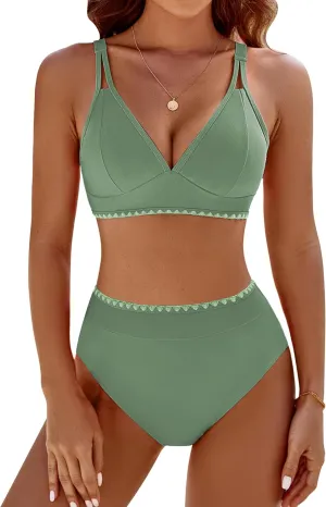 BMJL Women's Bikini Sets V Neck High Waisted Swimsuits Shell Stitched Cheeky Two Piece Bathing Suit