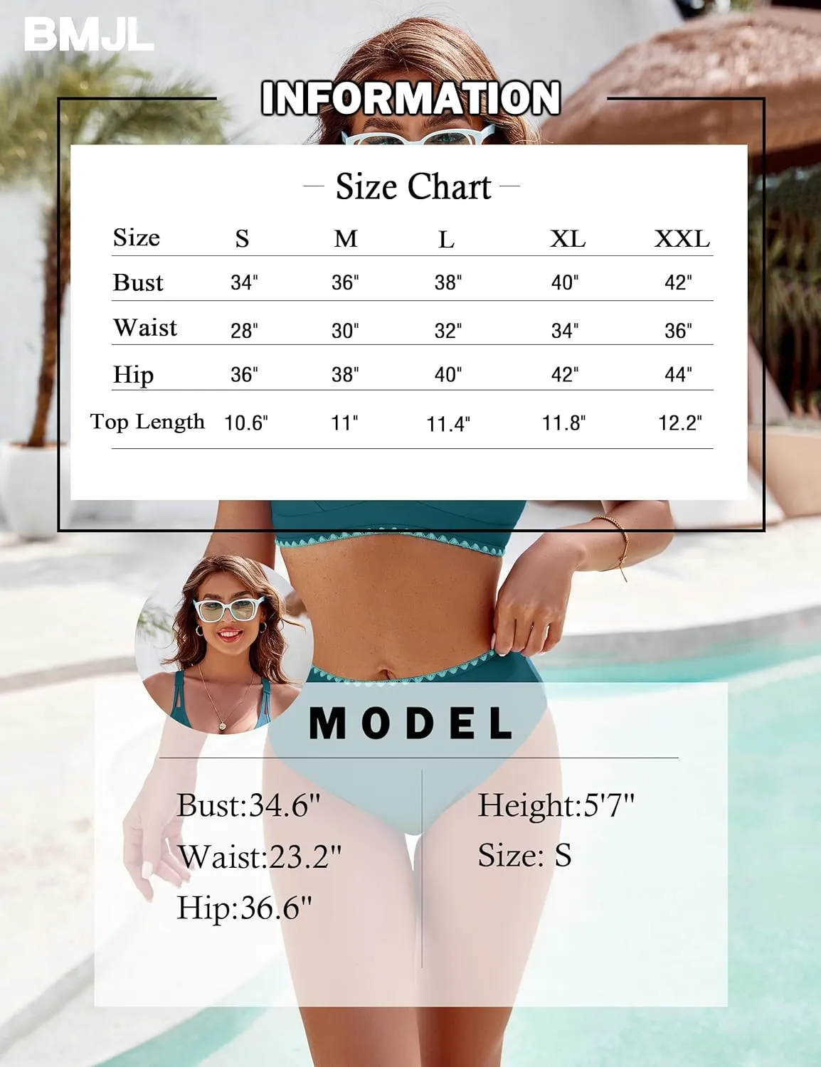 BMJL Women's Bikini Sets V Neck High Waisted Swimsuits Shell Stitched Cheeky Two Piece Bathing Suit