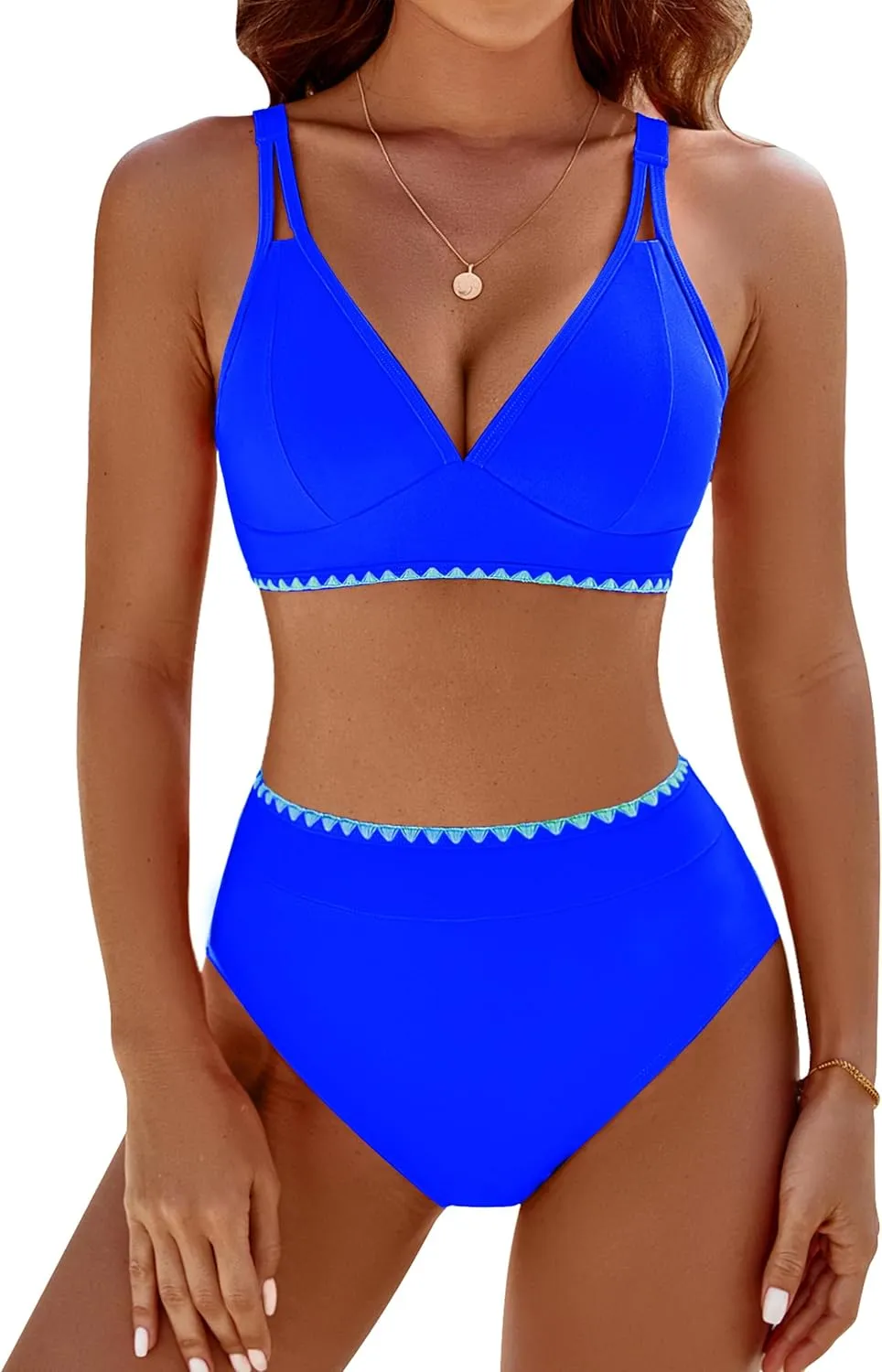 BMJL Women's Bikini Sets V Neck High Waisted Swimsuits Shell Stitched Cheeky Two Piece Bathing Suit