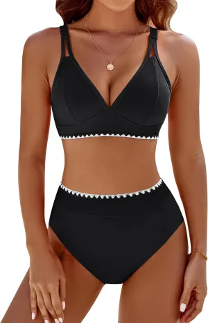 BMJL Women's Bikini Sets V Neck High Waisted Swimsuits Shell Stitched Cheeky Two Piece Bathing Suit