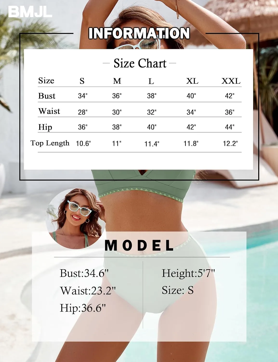 BMJL Women's Bikini Sets V Neck High Waisted Swimsuits Shell Stitched Cheeky Two Piece Bathing Suit