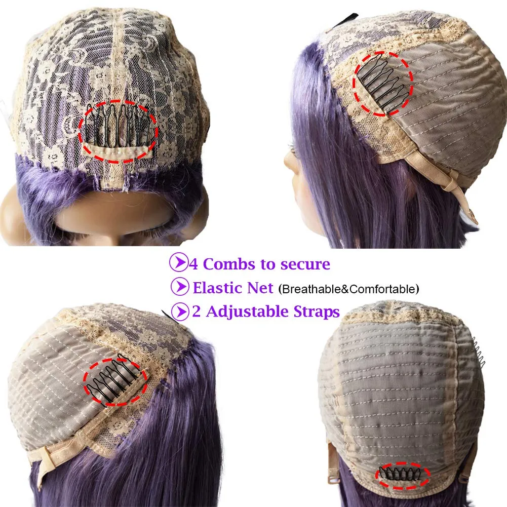Bob Wigs Human Hair Wigs for Women Non Lace Frontal Bob Wigs Purple Brazilian Virgin Hair Bob Wigs Middle Part Natural Hair Wigs Straight Bob Wigs Machine Made Wigs(14 Inch,Lilac)180% Density