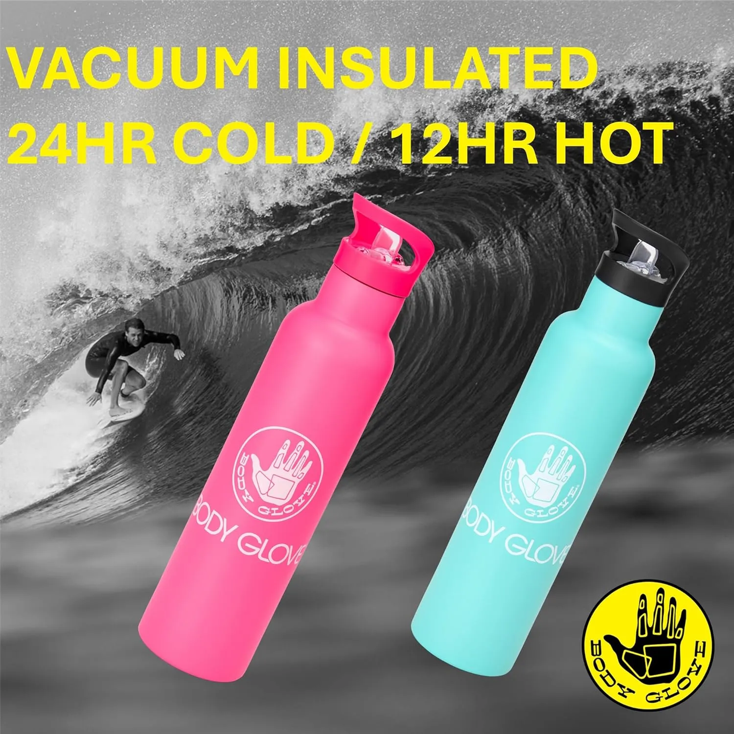 BODY GLOVE 25oz Stainless Steel Vacuum Insulated Water Bottle with Straw and Flip Lid, Thermal Flask for Sports, Work, School (HOT PINK/25oz)