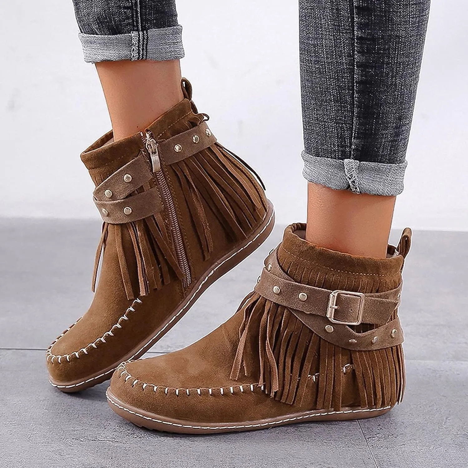 Boho Boots for Women Casual Fringe Suede Wide Round Toe Ankle Boots Tassel Vintage Short Booties Side Zip Flat Fall Winter Boots Non Slip Mid Calf Boots