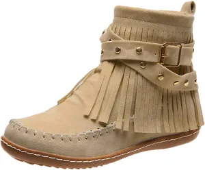 Boho Boots for Women Casual Fringe Suede Wide Round Toe Ankle Boots Tassel Vintage Short Booties Side Zip Flat Fall Winter Boots Non Slip Mid Calf Boots