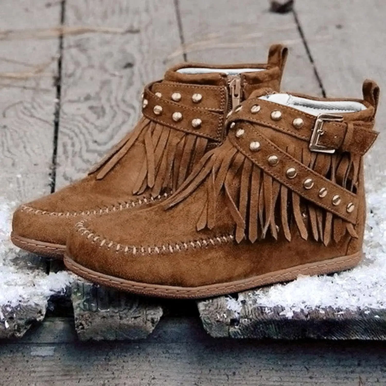 Boho Boots for Women Casual Fringe Suede Wide Round Toe Ankle Boots Tassel Vintage Short Booties Side Zip Flat Fall Winter Boots Non Slip Mid Calf Boots